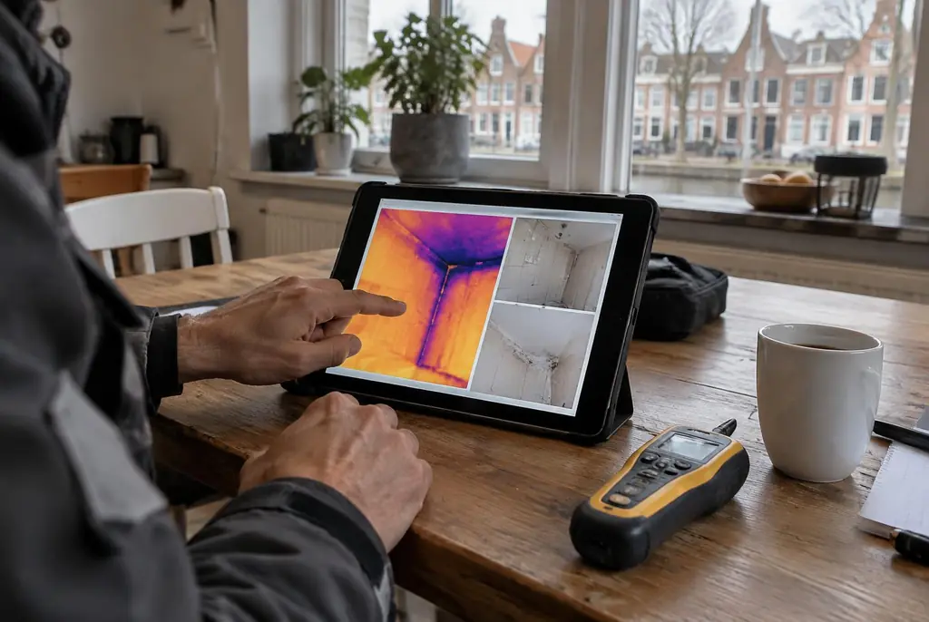Lekdetectie Rijswijk – lekdetectierapport met warmtebeelden en foto's op een tablet