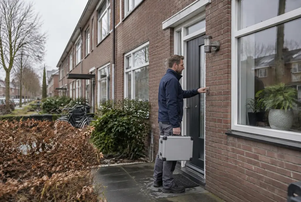 Lekdetectiespecialist met meetkoffer bij de voordeur van een woning in Rijswijk